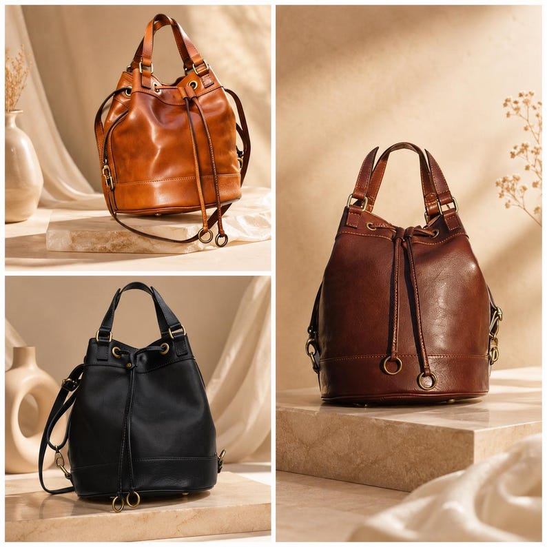 Pu&ograve; includere: Tre borse a secchiello in pelle color cuoio, marrone scuro e nero. Ogni borsa presenta due manici, una chiusura a coulisse con occhielli in metallo e una tracolla rimovibile. Le borse hanno una base circolare strutturata e finiture color oro.