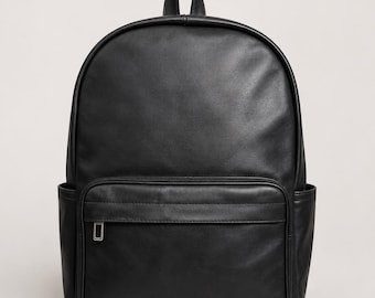 Black Leather Minimalist Backpack, Unisex Travel Laptop Bag