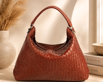 Handwoven Genuine Leather Hobo Bag, Artisan Woven Tote Purse, Shoulder Handbag