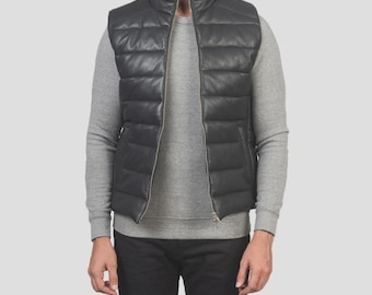 Men's Real Sheepskin Leather Puffer Vest | Quilted Winter Gilet, Motorcycle Jacket