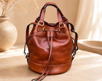 Handmade Genuine Cowhide Leather Bucket Bag, Drawstring Crossbody Purse, Everyday Tote