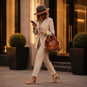 Pu&ograve; includere: Un blazer beige e pantaloni abbinati combinati con una borsa a secchiello in pelle marrone, un cappello fedora grigio con fascia marrone e d&eacute;collet&eacute; beige con tacco alto. L'outfit &egrave; indossato con un top neutro e uno smartphone nero in mano.