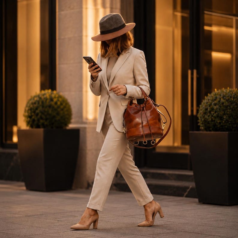 Pu&ograve; includere: Un blazer beige e pantaloni abbinati combinati con una borsa a secchiello in pelle marrone, un cappello fedora grigio con fascia marrone e d&eacute;collet&eacute; beige con tacco alto. L'outfit &egrave; indossato con un top neutro e uno smartphone nero in mano.