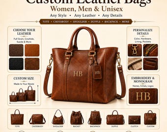 Custom Full Grain Cowhide Lambskin Leather Bag, Personalized Monogram Tote Purse