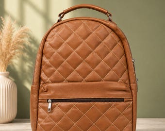 Brown Quilted Leather Backpack, Women's Everyday Travel School Laptop Daypack