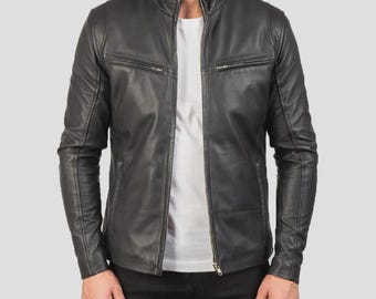 Men's Goatskin Leather Cafe Racer Jacket, Rub Off Finish, Quilted Lining Biker Coat