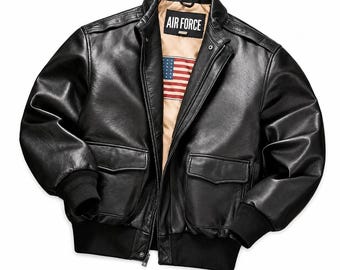 Genuine Black Leather Bomber Jacket, Men's Aviator Flight Style, Ribbed Cuffs