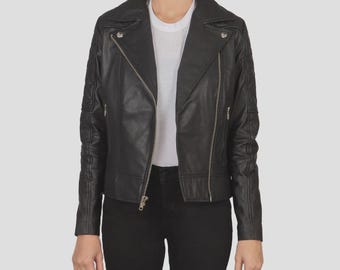 Women's Goatskin Leather Biker Jacket, Handmade Fashion Outerwear Coat