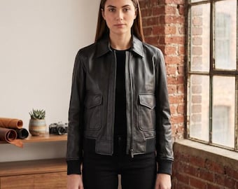 Women's Handmade Sheepskin Leather Bomber Jacket, Classic Casual Zip Coat