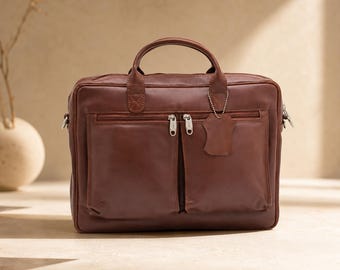 Premium Top-Grain Leather Briefcase, 15.6" Laptop Messenger Bag, Everyday Work Travel Bag with Luggage Strap, Office Satchel, Gift for Him