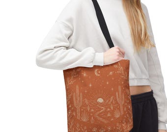 Desert Sunrise Landscape Tote Bag | Southwestern Cactus Moon Stars