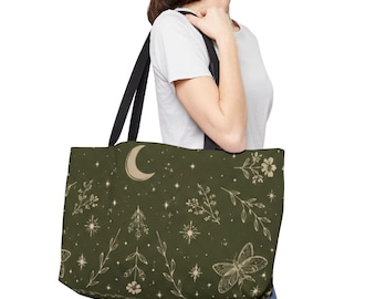 Crescent Moon Floral Pattern Weekender Tote Bag | Botanical Night Sky