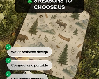 Woodland Camping Pattern Picnic Blanket | Bear Moose Canoe Trees