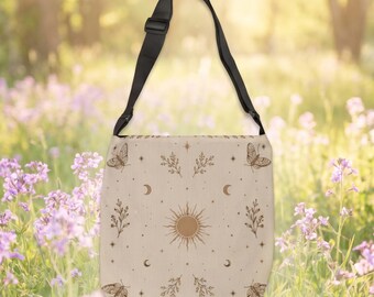 Boho Sun and Moon Pattern Tote Bag | Adjustable Strap Celestial Floral Print