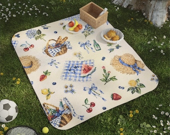 Picnic Basket Pattern Picnic Blanket | Gingham, Straw Hats, Fruit Print