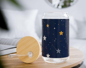 Night Sky Stars and Moon Sipper Glass 16oz | Reusable Straw Jar