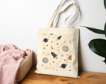 Retro Space Pattern Tote Bag | Rocket Planets Stars Moons