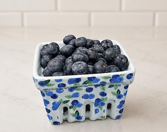 Ceramic Berry Basket, Stoneware Fruit Container, Farmhouse Kitchen Decor, Blueberry Print Bowl