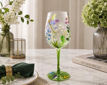 Hand-Painted Wine Glass Colorful Dragonfly Flowers Artisan Painted Glass Novelty Gift for Friends Family 15oz