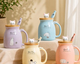Cat Mug Ceramic Coffee Cup With Kawaii Wooden Lid and Lovely Stainless Steel Spoon Cup for Coffee, Milk, Tea  Gifts for Cat Lovers and Women
