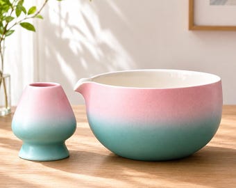 Japanese Ceramic Matcha Chawan, 18oz K11, Gradient Pink Green, Whisk Holder Included