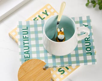 Cute Donkey Coffee Mug with Spoon Lid Kawaii Ceramic Gift for Women Girls Teacher Friend
