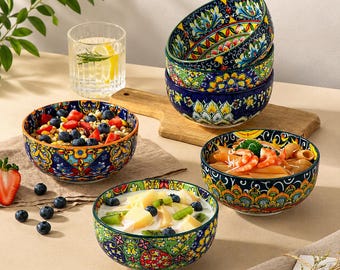 Ceramic Soup Bowls, Cereal Bowls Set of 6, Dishwasher & Microwave Safe, Serving Bowls with Double-Sided Pattern 840 ml