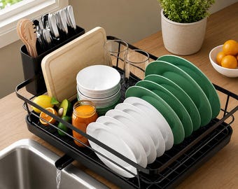 Dish Drying Rack for Kitchen Counter | Large Stainless Steel Dish Drainer with Cutlery Holder | Space Saving Countertop Dish Organizer