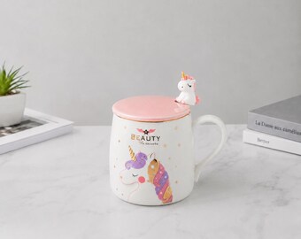 Cute Ceramic Coffee Mug with Unicorn Spoon, Pink Gift for Unicorn Lovers, Tea Cup