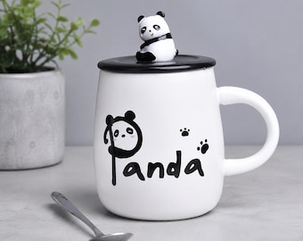 Cute Panda Ceramic Coffee Mug with Lid and Spoon, Gift for Women, Teacher, Friend, Birthday
