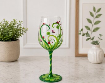 Clover Ladybug Wine Glass Hand Painted Personalised Grassland Wine Glass Gift for Women 15oz