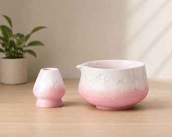 Matcha Bowl with Spout, Ceramic Bowl and Whisk Holder(chawan),18.9oz/560ml Pink Matcha Bowl with Stand, Gift Set for Friend/Family