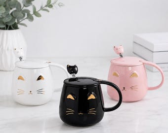 White Cat Mug, Cute Kitty Ceramic Coffee Mug with Stainless Steel Spoon, Novelty Coffee Mug Cup for Cat Lovers Women Girls