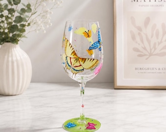 Hand-Painted Wine Glass Colorful Butterfly Artisan Painted Glass 15 oz Novelty Gift for Birthdays,Weddings,Valentine's Day