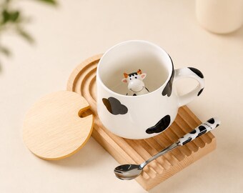 Cute Cow Coffee Mug with Spoon Lid Kawaii Ceramic Gift for Women Girls Teacher Friend