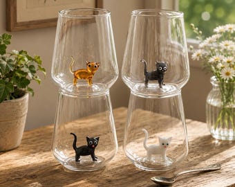 Handmade Cat Wine Glass | 3D Figurine, Stemlessm, Cute Drinkware for Cat Lover Gift, Custom Cat Glass Mug