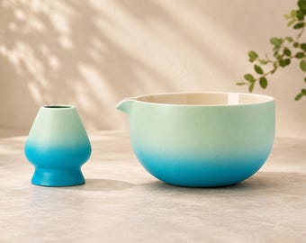 Japanese Ceramic Matcha Chawan, 18oz, Blue White Gradient, Whisk Holder Included