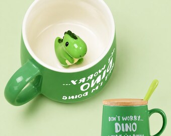 Jolie tasse à café dinosaure avec couvercle cuillère, cadeau en céramique kawaii pour femme, enfant, amie enseignante