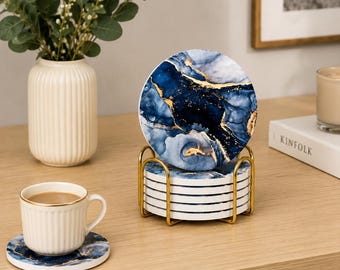 Navy Blue Marble Ceramic Coasters Set (6 pcs) with Holder, Abstract Round Drink Coasters, Bar and Lounge Coaster set, Gift for her