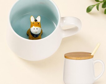 Jolie tasse à café âne avec couvercle cuillère, cadeau en céramique kawaii pour femme, fille, amie enseignante