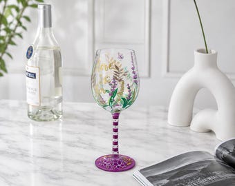 Hand Painted Wine Glass, Purple Lavender Dragonfly Design, Birthday Gift for Women (15oz)