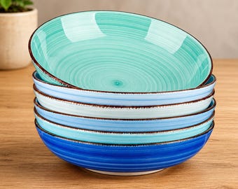 Ceramic Large Pasta Bowls Set of 6, Microwave & Dishwasher Safe Soup Bowl, Serving Bowl for Kitchen and Dinner
