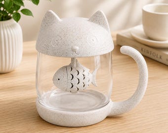 Cute Cat Glass Mug with Fish Tea Infuser, Kawaii Kitty Coffee Cup with Lid, Cat Lover Gift, Glass Tea Cup with Cat Tail Handle
