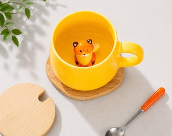 3D Fox Coffee Mug with Spoon and Lid, Kawaii Gift for Women, Mom, Teacher, Friend