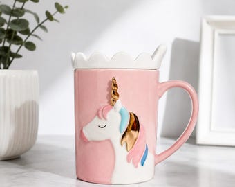 Cute Unicorn Ceramic Coffee Mug with Lace Lid and Spoon, Gift for Girls Women
