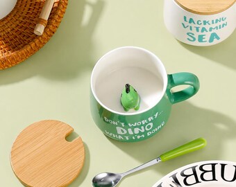Cute Dinosaur Coffee Mug with Spoon Lid Kawaii Ceramic Gift for Women Kids Teacher Friend