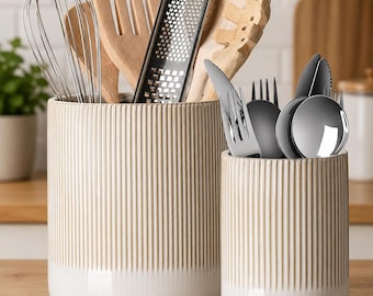 Utensil Holder Ceramic Kitchen Utensils Holder, Large Utensil Pots for Kitchen Counter, Morden Utensil Organizer for Spatula, Set of 2