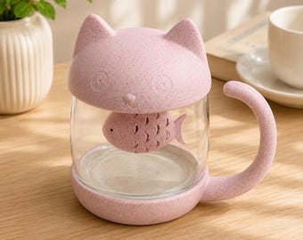 Cat Glass Tea Mug Cup with Fish Tea Infuser Strainer Filter Mother's Day Gift