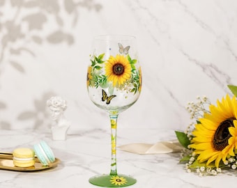 Hand-Painted Wine Glass Sun Flower Butterfly Artisan Painted Glass 15oz Personalised Gift for Best Friend
