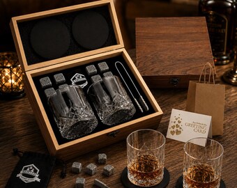 Whiskey Stones, Whiskey Glass Gift Set, Whisky Rocks Chilling Stones in Handmade Wooden Box Cool Without Dilution Gift for Dad, Husband, Men